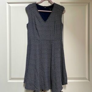 Ann Taylor Fit & Flare Navy Blue Polka Dots V-Neck Cap Sleeve Zip Back Dress